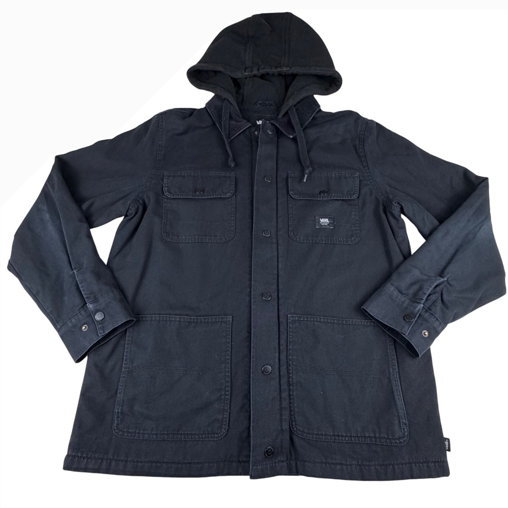 Vans‎ Off the Wall Drill Chore Coat Jacket Mens M Canvas Black Zip Hooded Lined